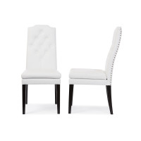 Baxton Studio BBT5158-White Dylin White Faux Leather Button-Tufted Nail heads Trim Dining Chair Set of 2